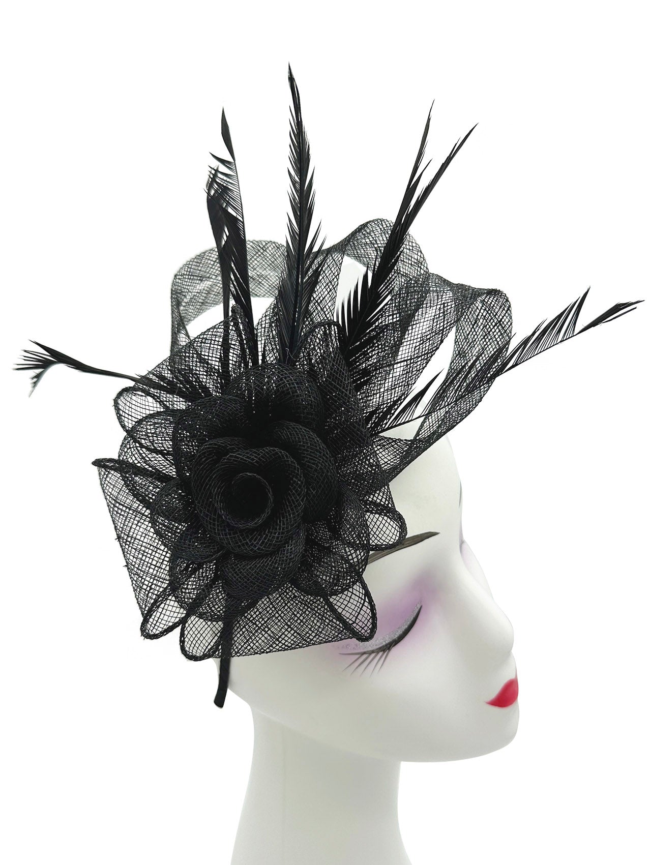 AB18189 Twisted Sinamay Flower Fascinator with Loops and Spiky Feathers