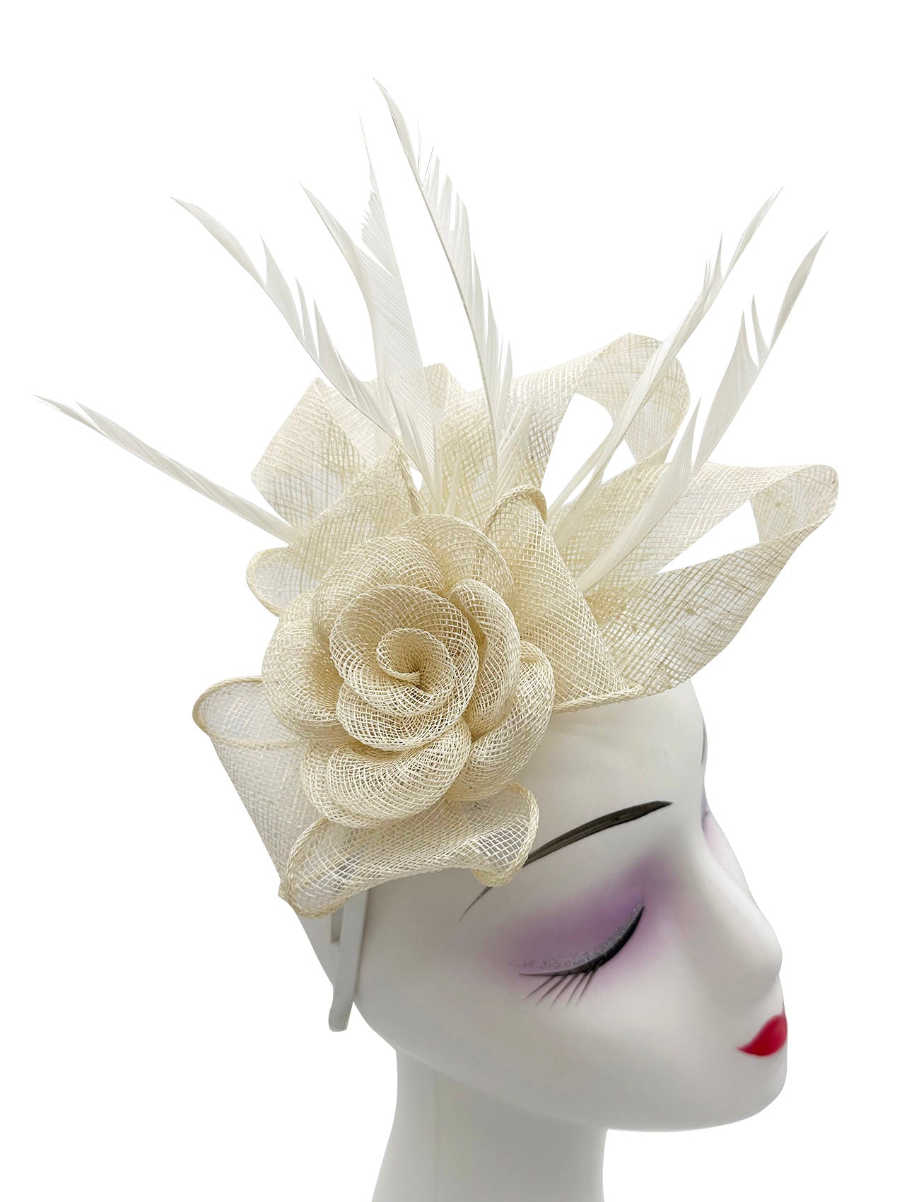 AB18189 Twisted Sinamay Flower Fascinator with Loops and Spiky Feathers