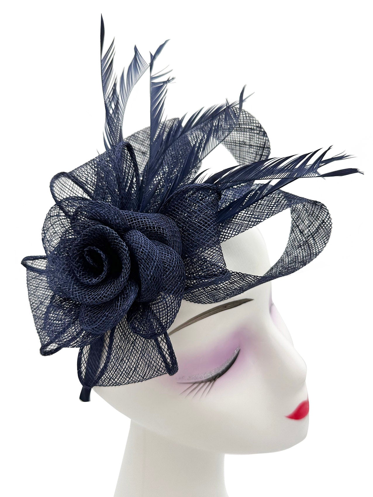 AB18189 Twisted Sinamay Flower Fascinator with Loops and Spiky Feathers