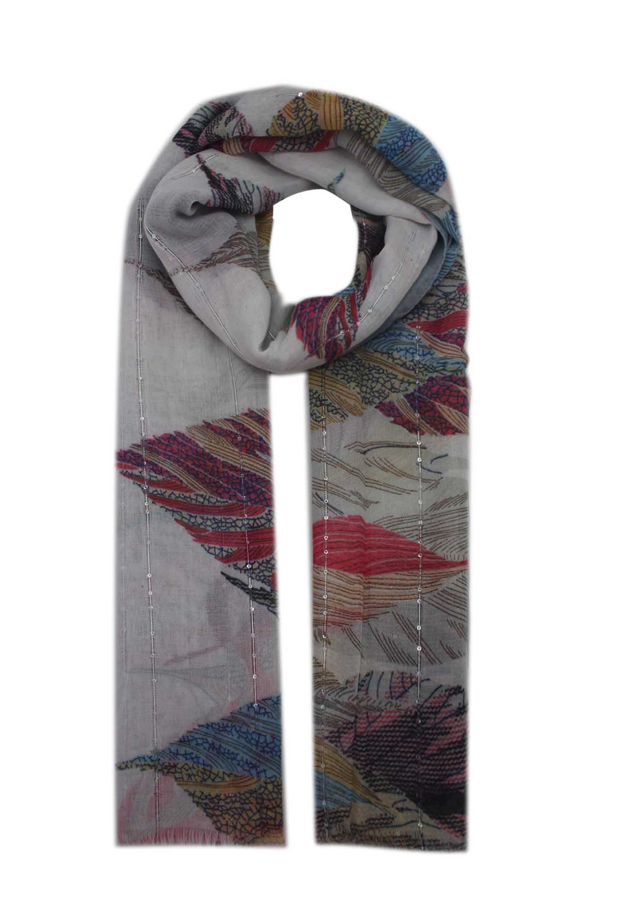 AB1873-31 Multicolour Leaf Print Scarf with Shiny Sequins