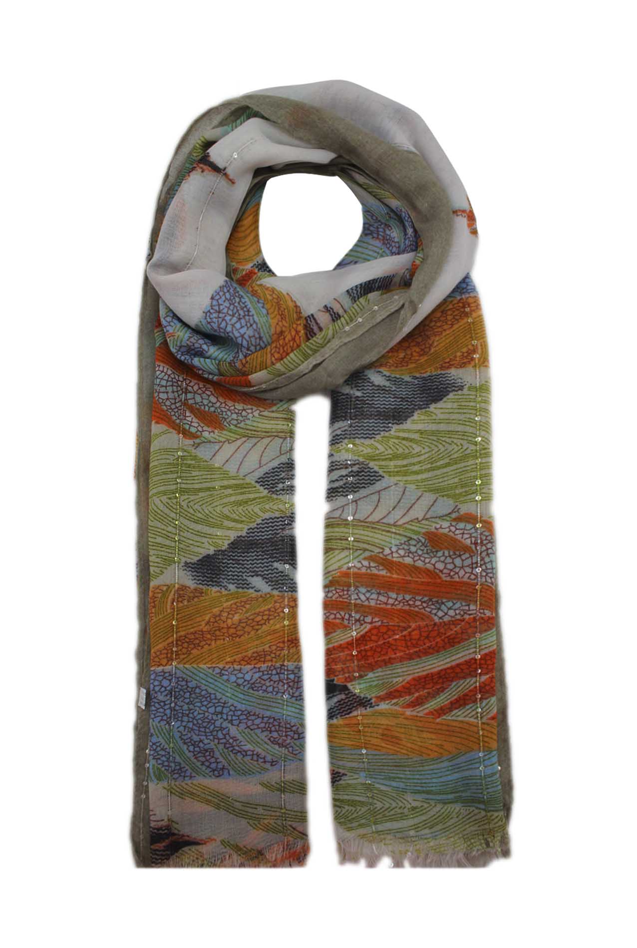 AB1873-31 Multicolour Leaf Print Scarf with Shiny Sequins