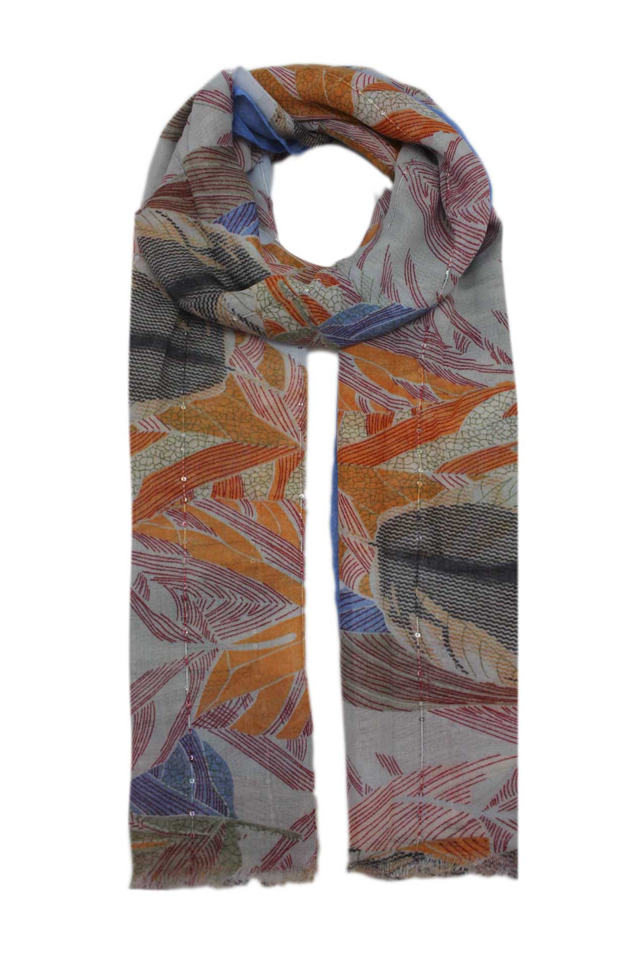 AB1873-31 Multicolour Leaf Print Scarf with Shiny Sequins