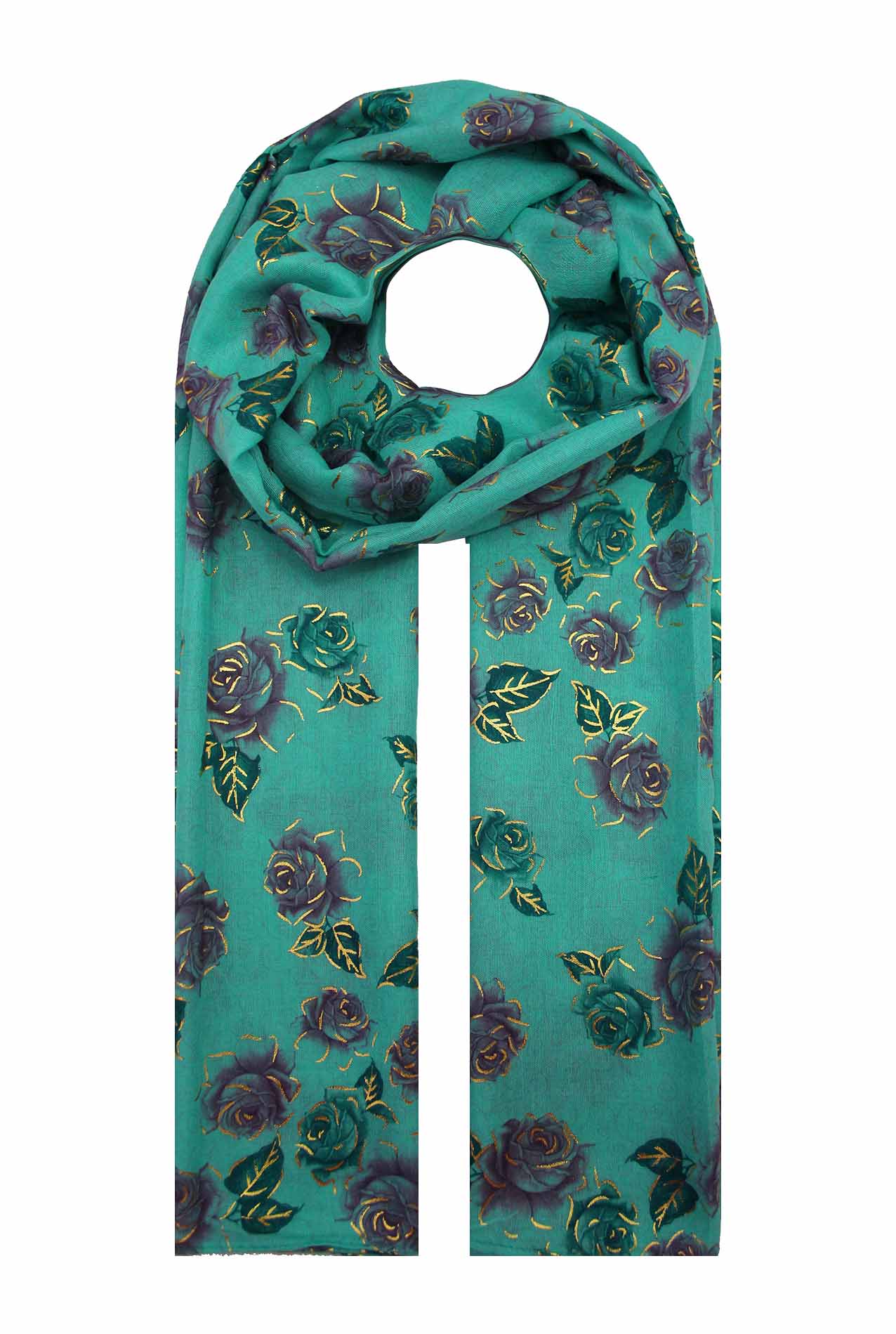 AB1885-8 Cotton Blend Scarf with Roses and Gold Foil