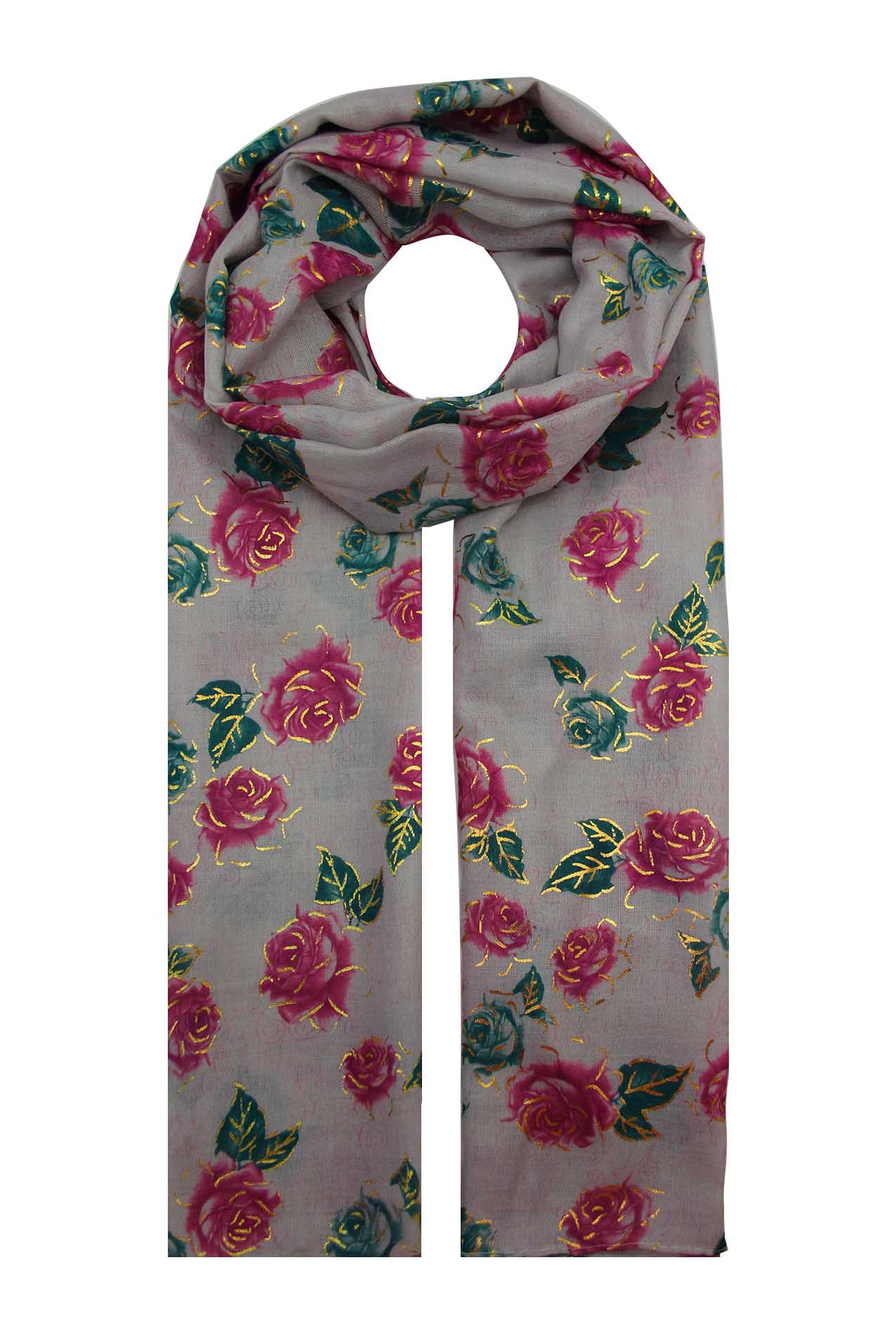 AB1885-8 Cotton Blend Scarf with Roses and Gold Foil