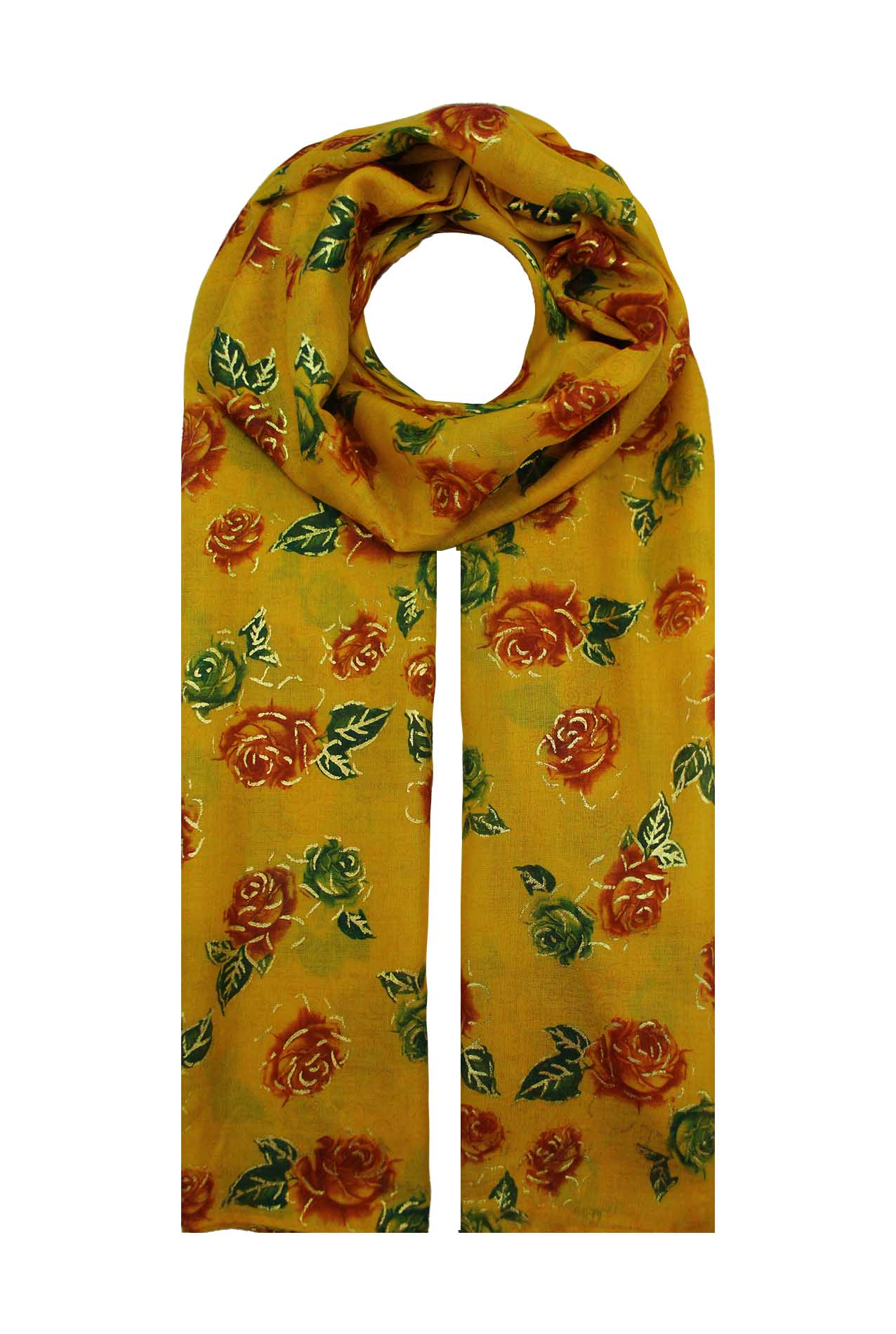 AB1885-8 Cotton Blend Scarf with Roses and Gold Foil