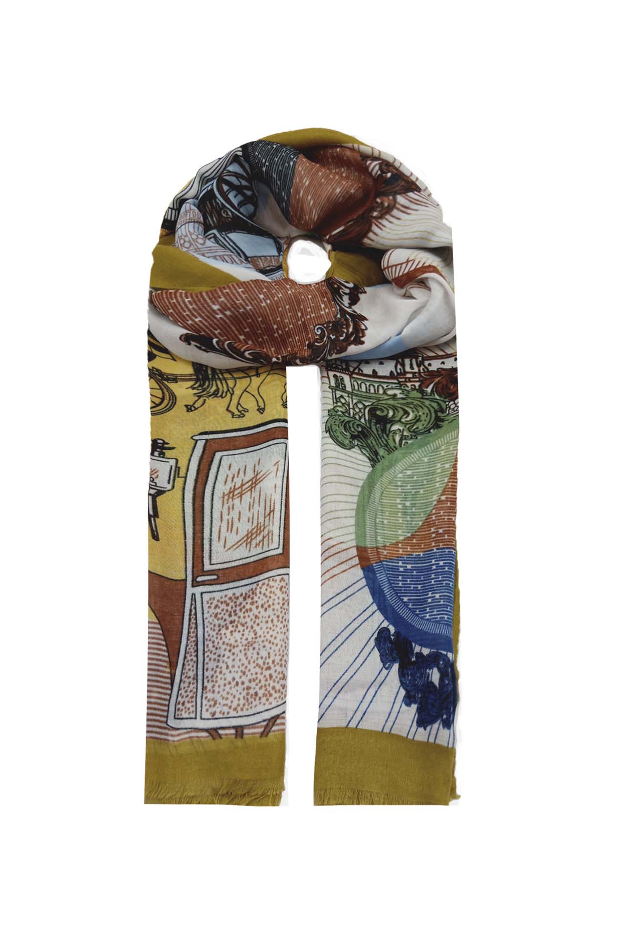 AB1890-268 Multicolour Viscose Scarf with Horse and Wagon Print