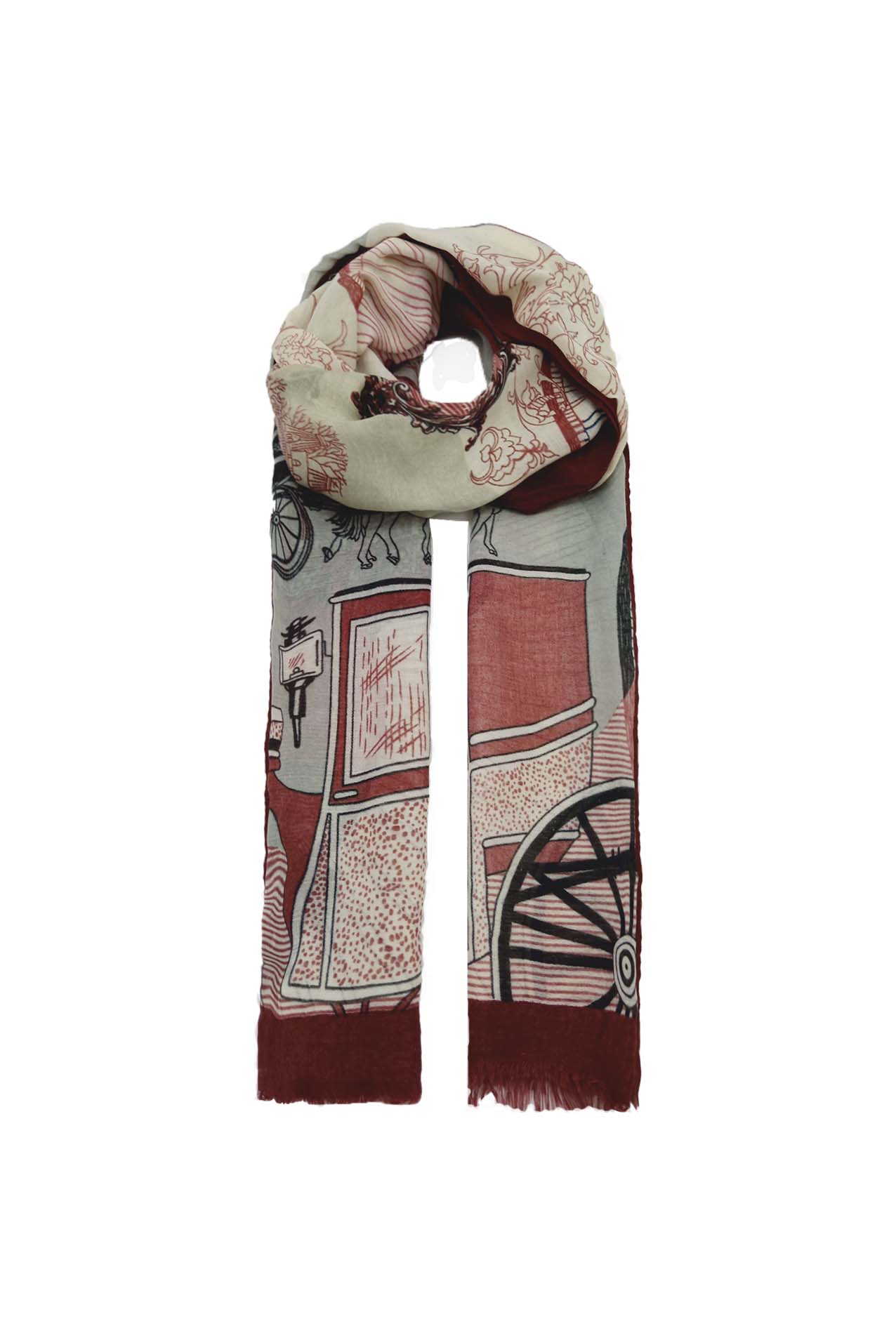 AB1890-268 Multicolour Viscose Scarf with Horse and Wagon Print