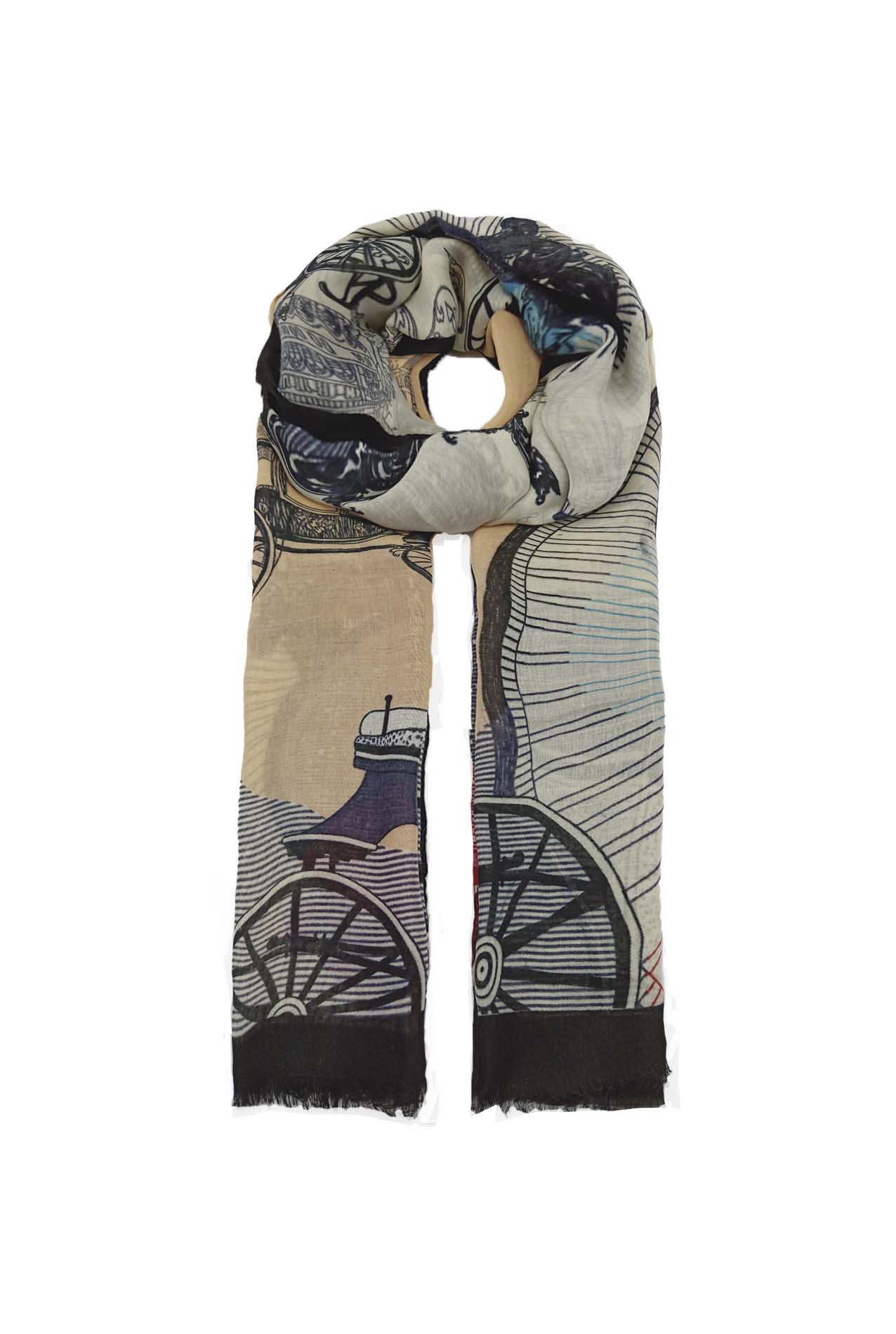 AB1890-268 Multicolour Viscose Scarf with Horse and Wagon Print