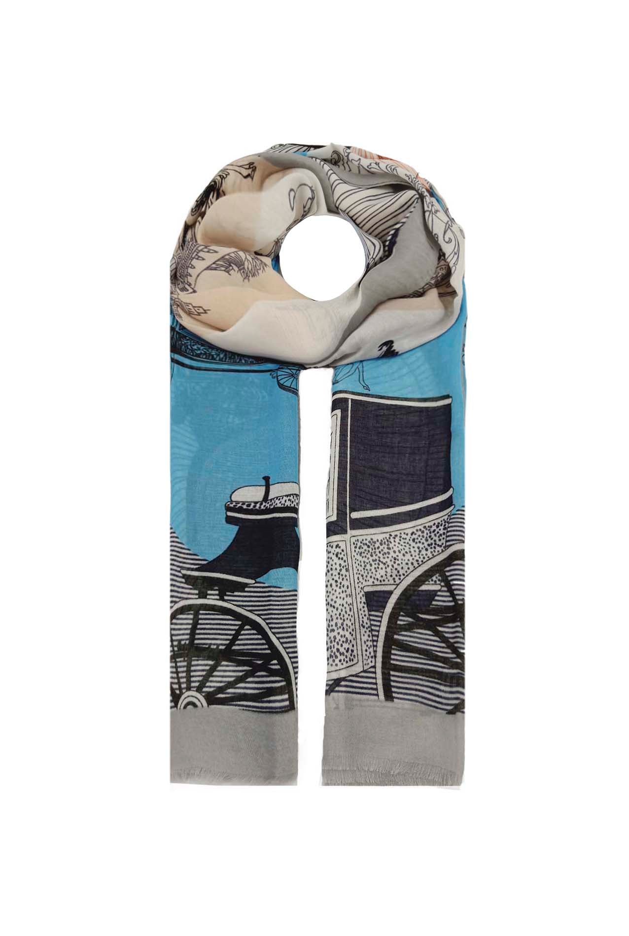 AB1890-268 Multicolour Viscose Scarf with Horse and Wagon Print