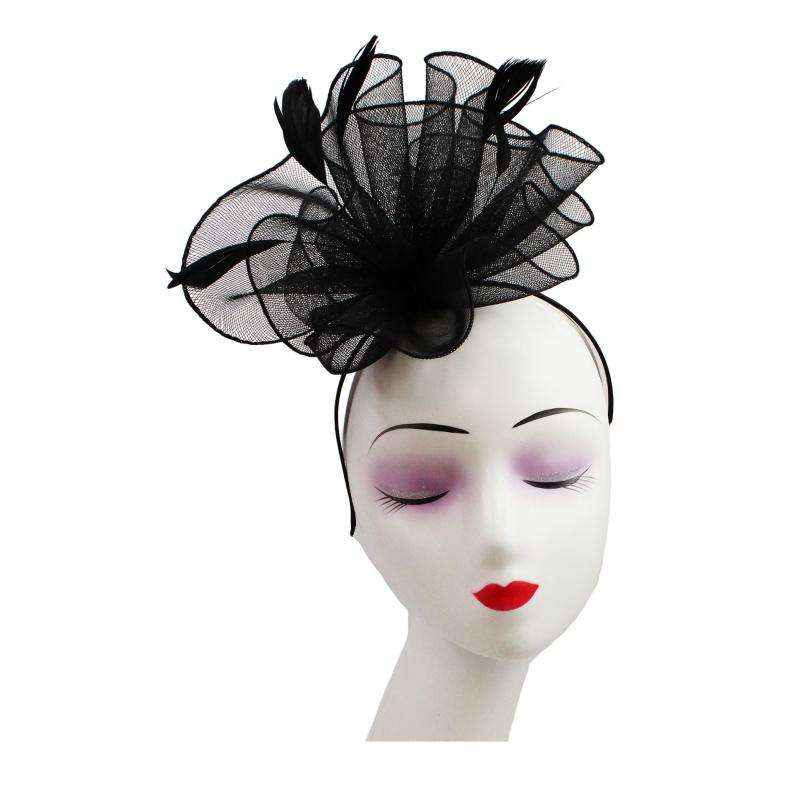 FT9009-030 Large Frilled Mesh Fascinator with Feathers