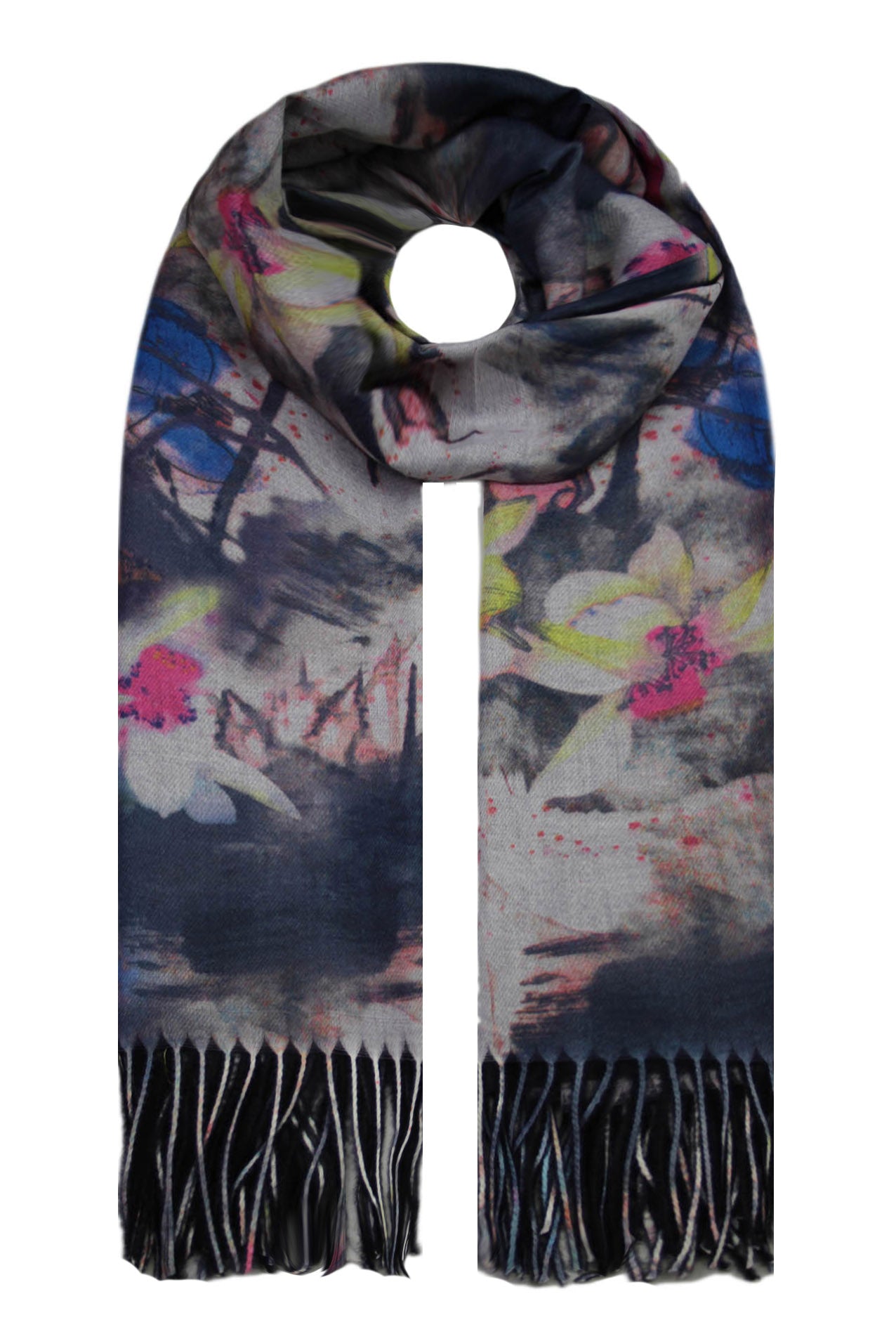 SF19150-92 Watercolour Flower Print Soft Scarf with Tassels