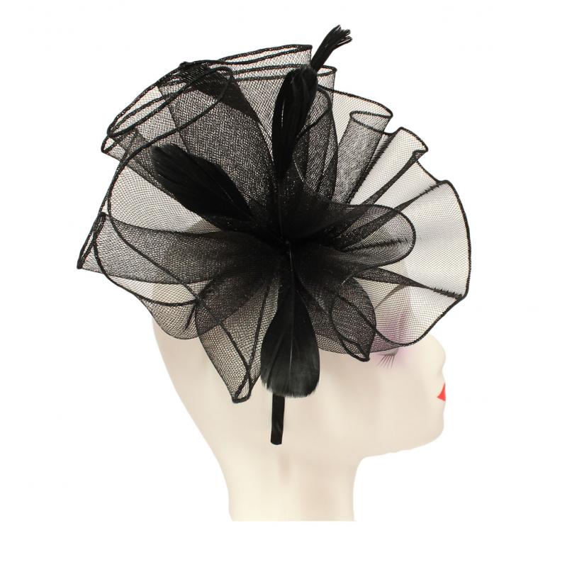 FT9009-030 Large Frilled Mesh Fascinator with Feathers