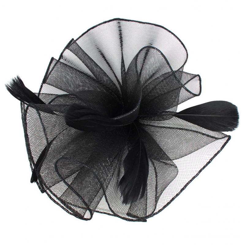 FT9009-030 Large Frilled Mesh Fascinator with Feathers