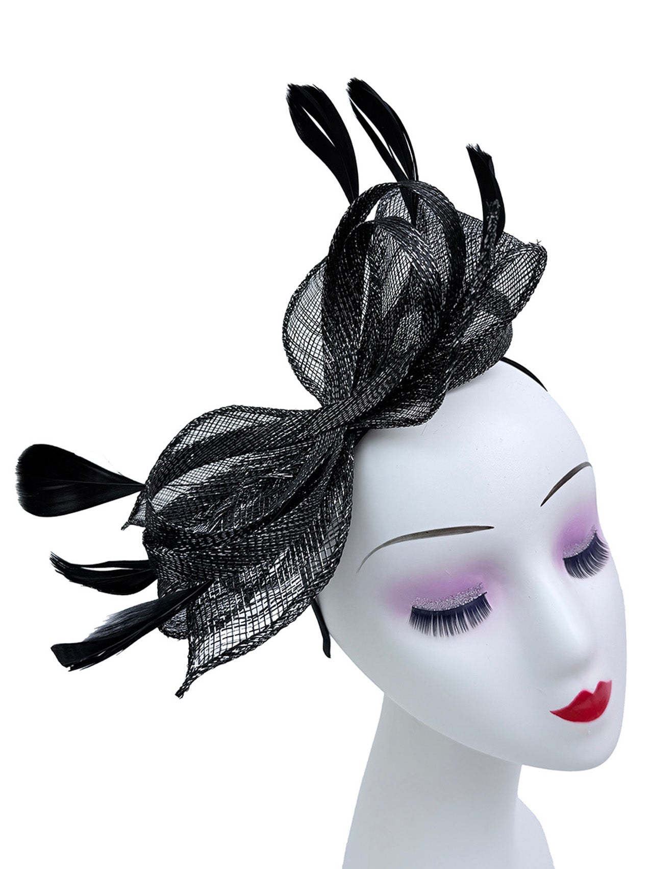 FT25220 Bow Shaped Fascinator with Sinamay Curls and Feathers Detail