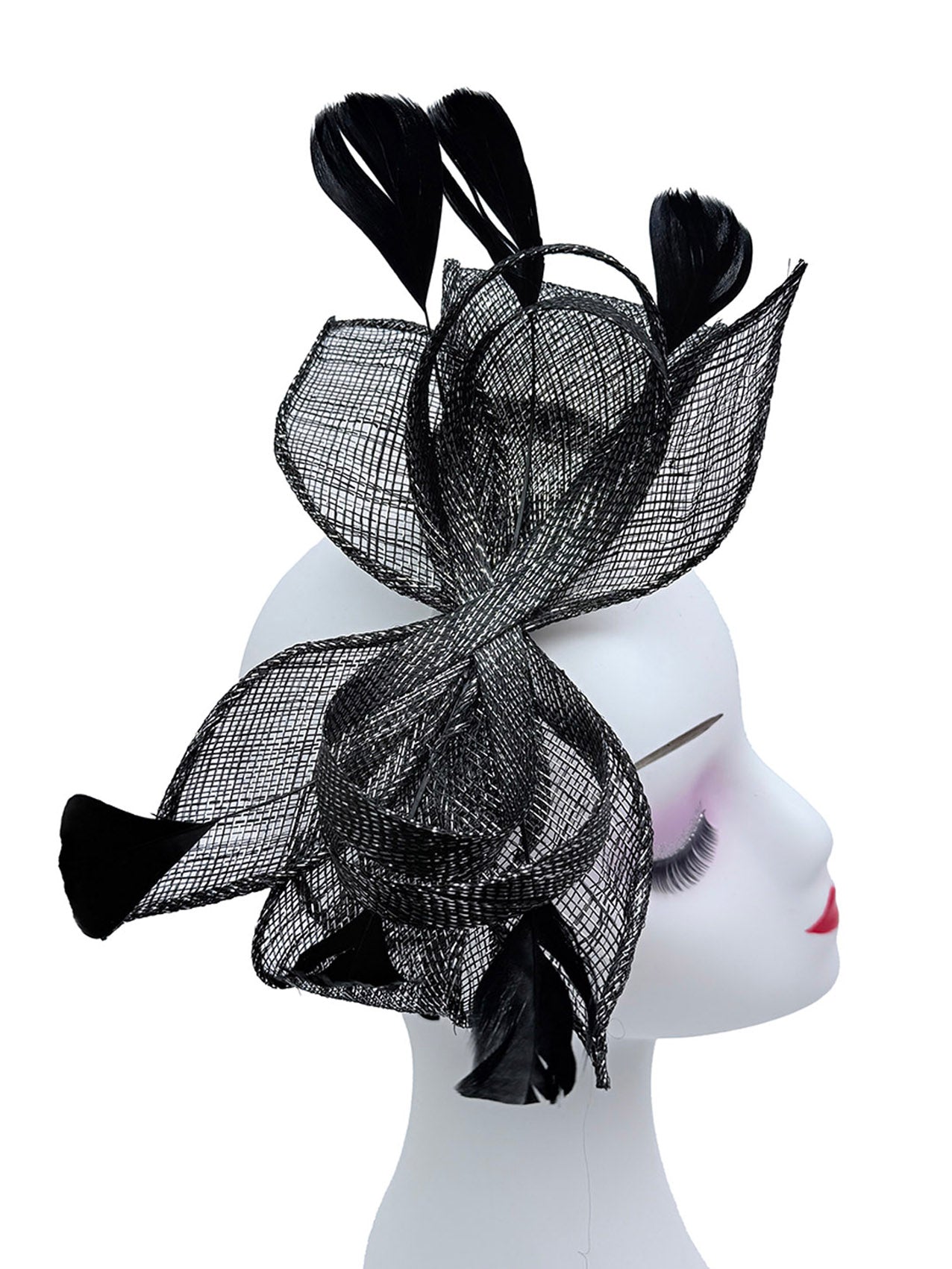 FT25220 Bow Shaped Fascinator with Sinamay Curls and Feathers Detail