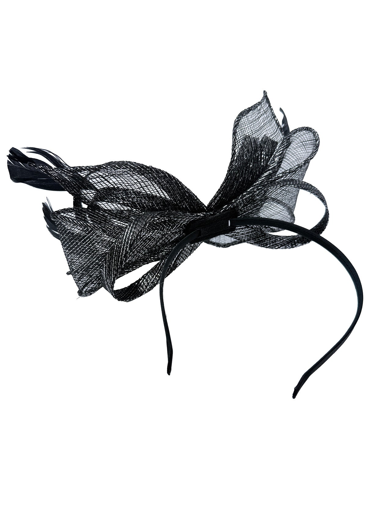 FT25220 Bow Shaped Fascinator with Sinamay Curls and Feathers Detail