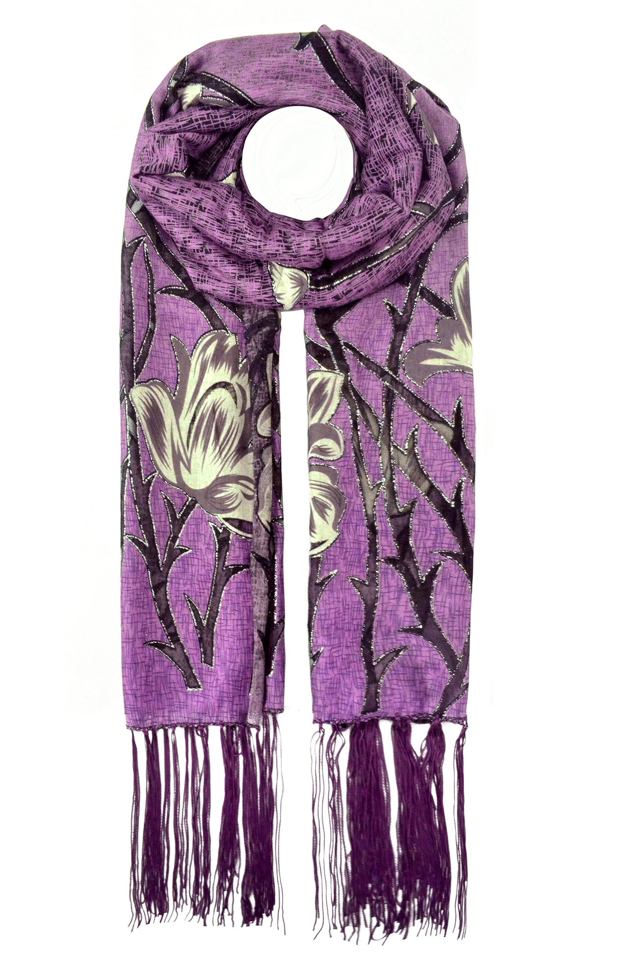 YH-1 Floral Design Velvet Polyester Scarf with Shiny Glitter