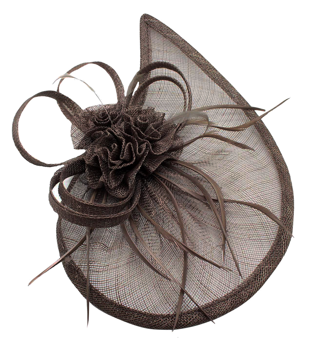 WF044 Gauze Tear Drop Base Fascinator with Flower and Curled Feathers