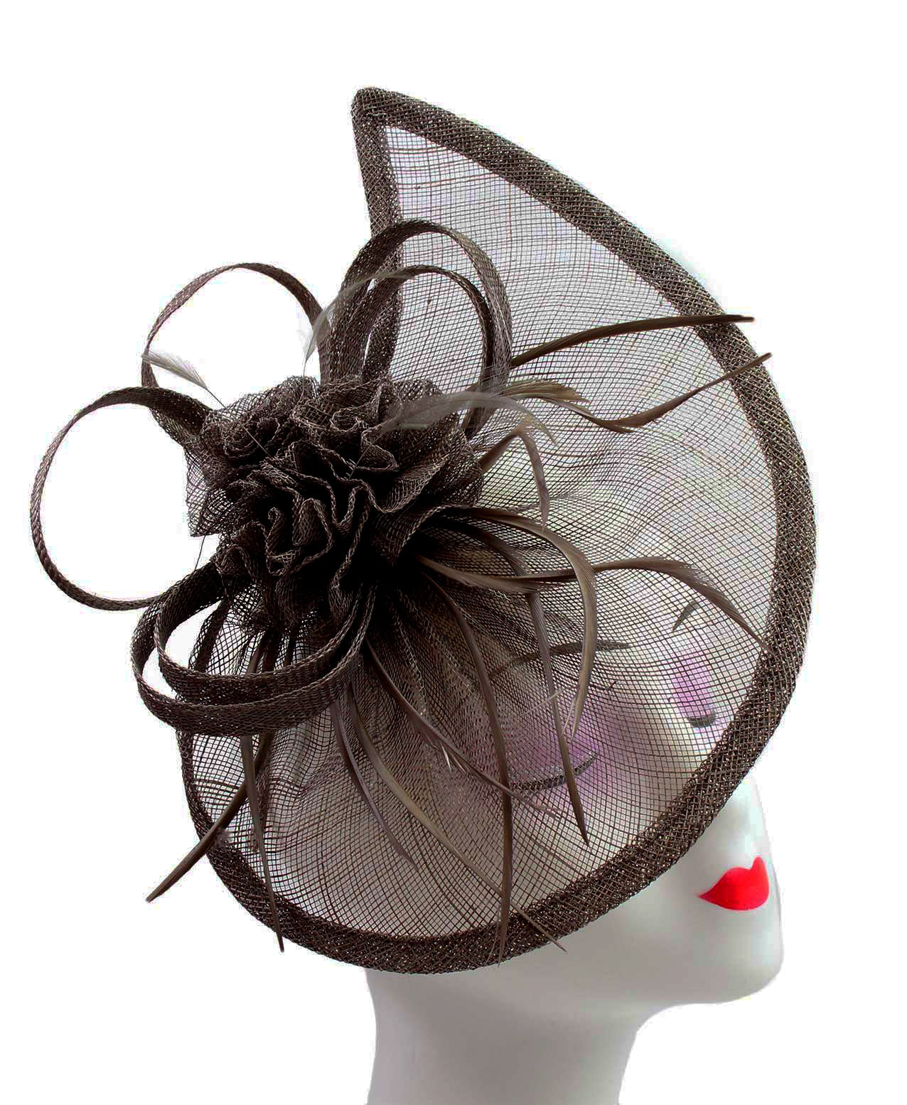 WF044 Gauze Tear Drop Base Fascinator with Flower and Curled Feathers