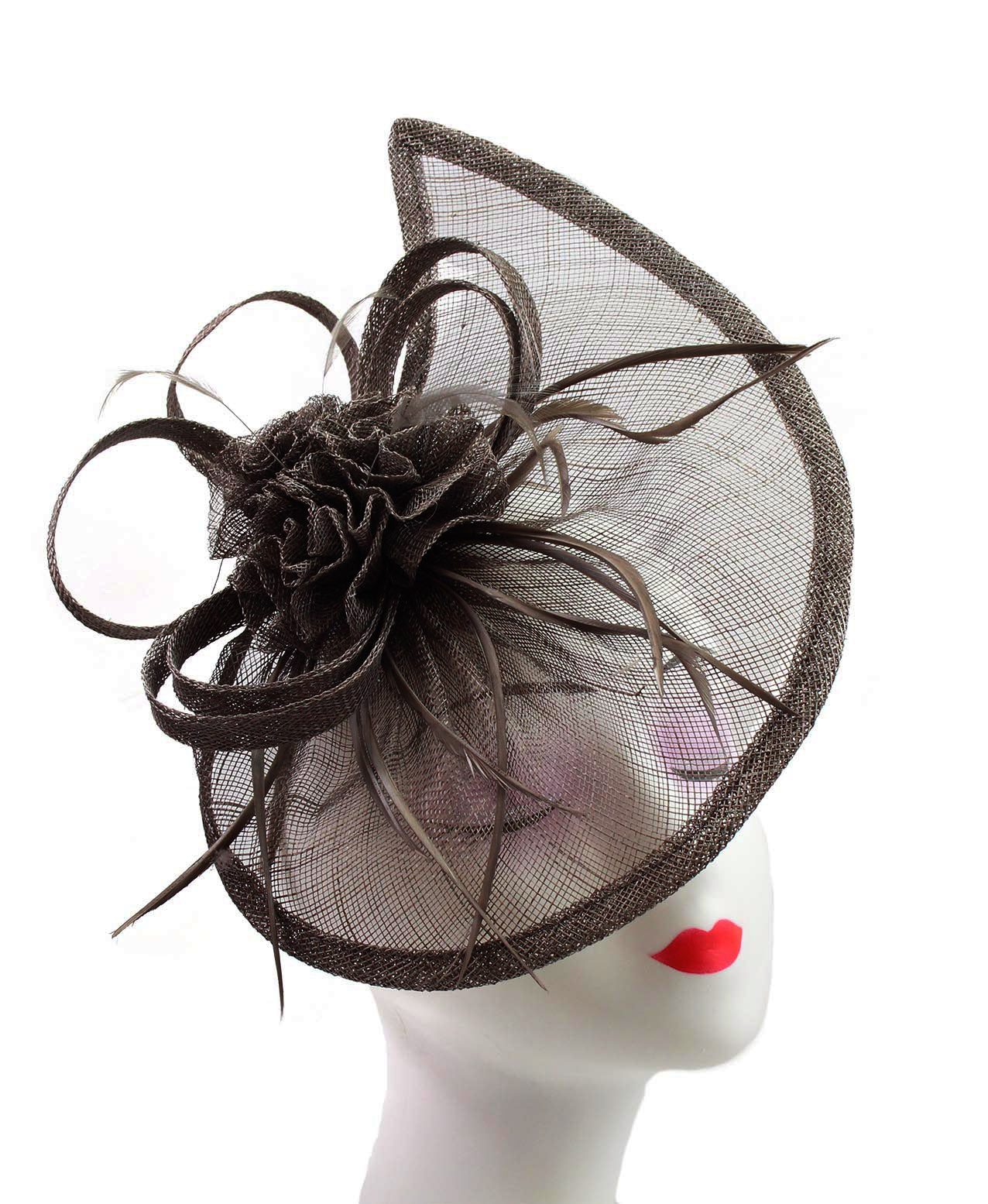 WF044 Gauze Tear Drop Base Fascinator with Flower and Curled Feathers