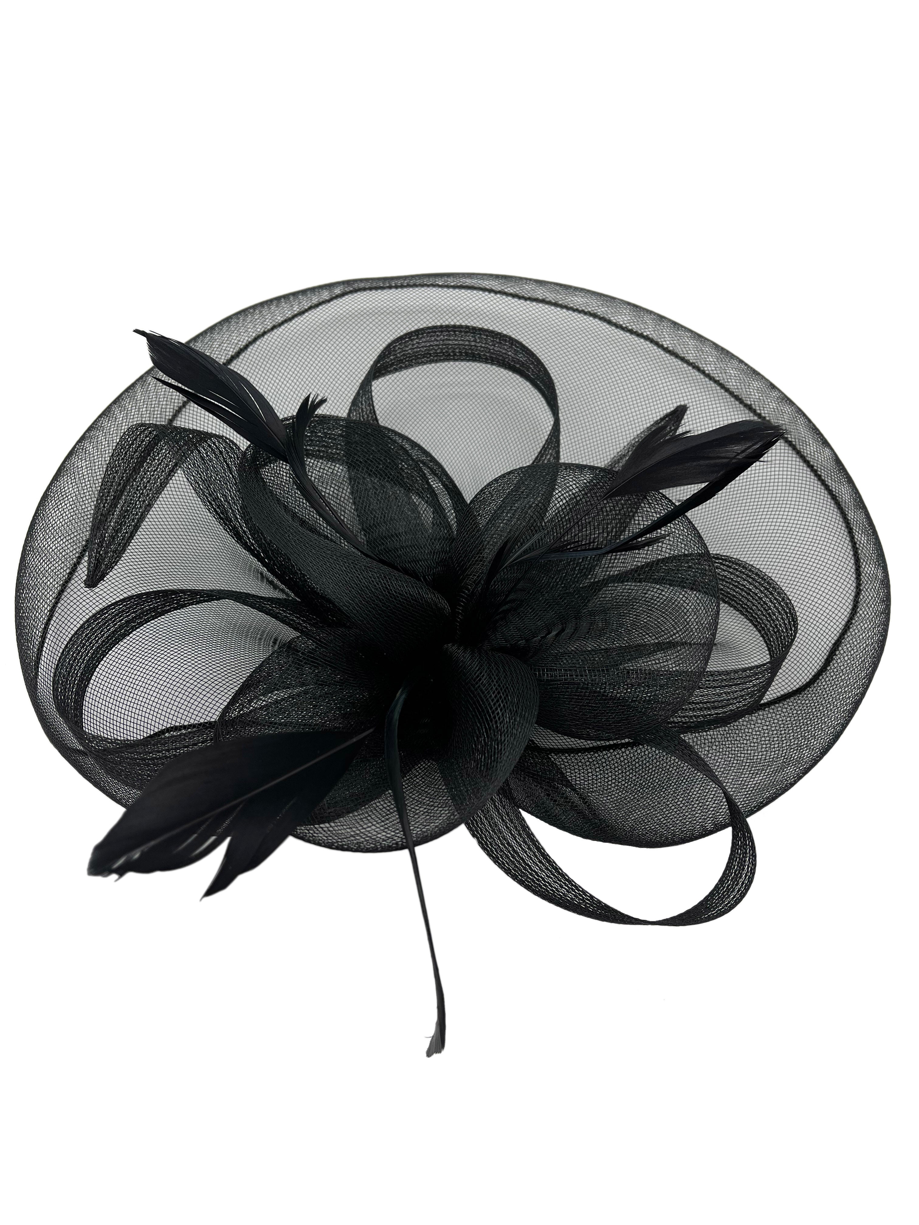 FT210-B Large Mesh Net Fascinator with Side Flower & Feather