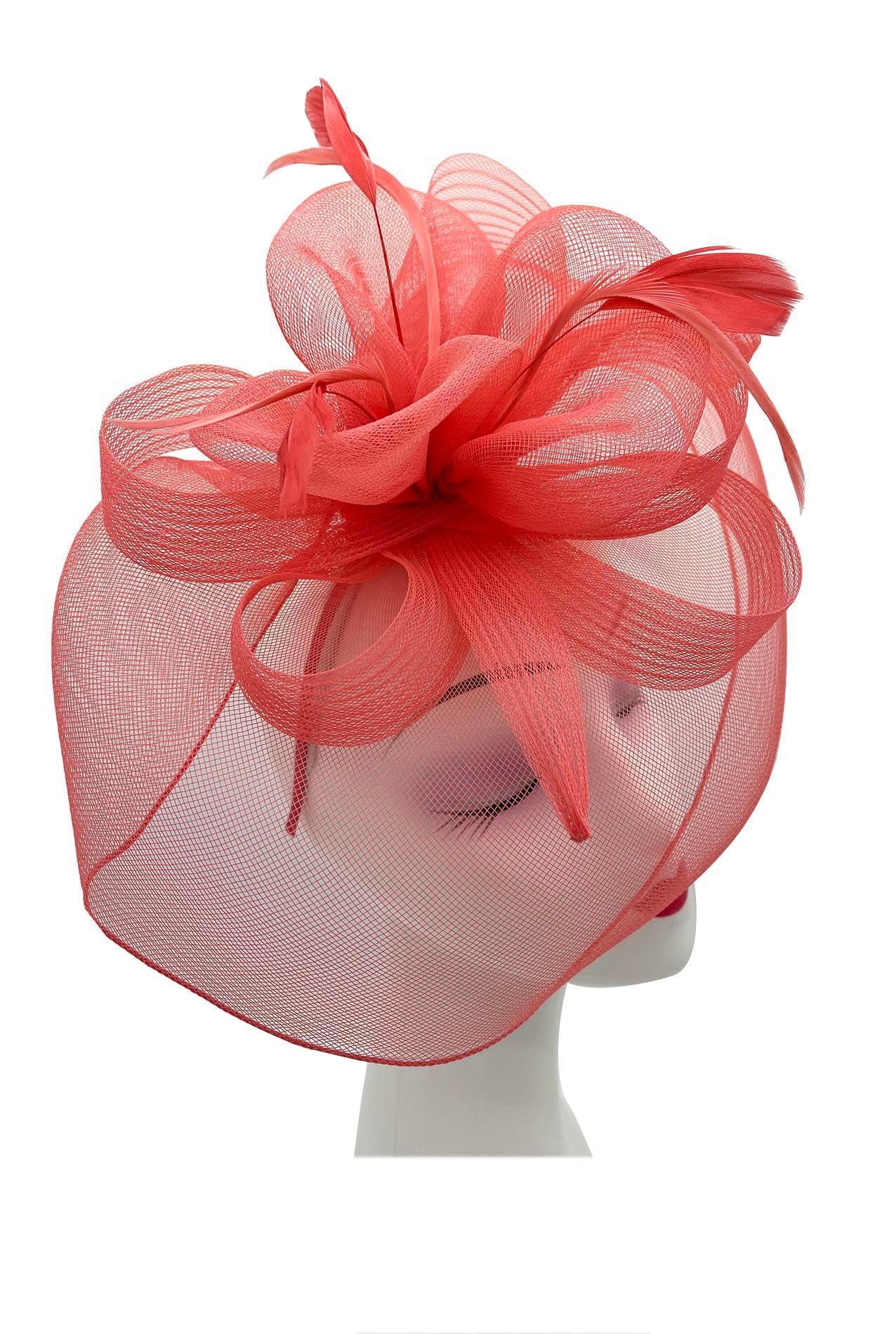 FT210-B Large Mesh Net Fascinator with Side Flower & Feather