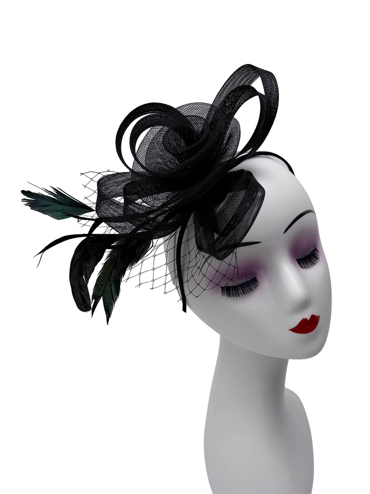 FT26075 Floral Fascinator with Feathers and Net Detail