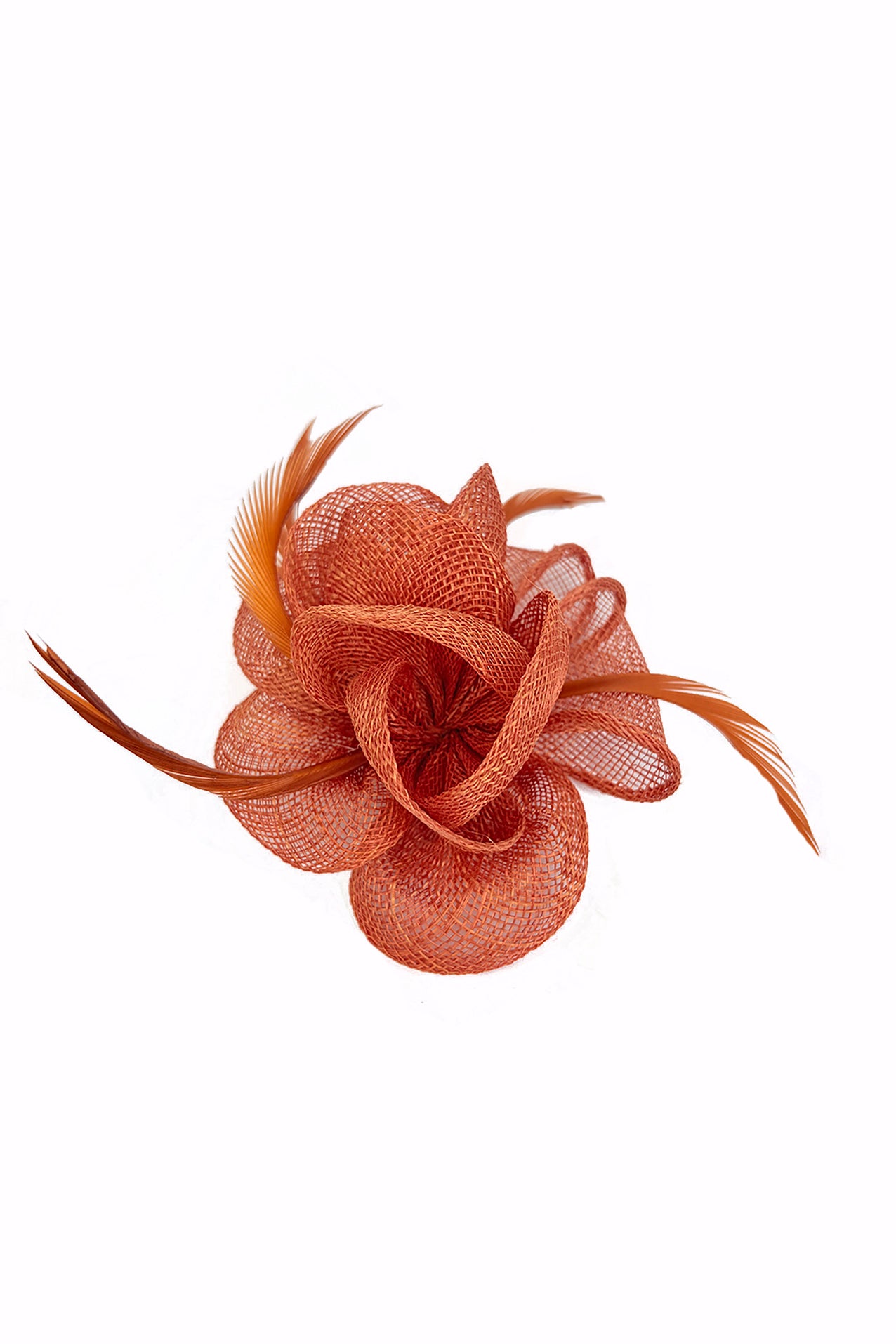 FT26092 Small Flower Shaped Sinamay Clip-On Fascinator with Feather Detail