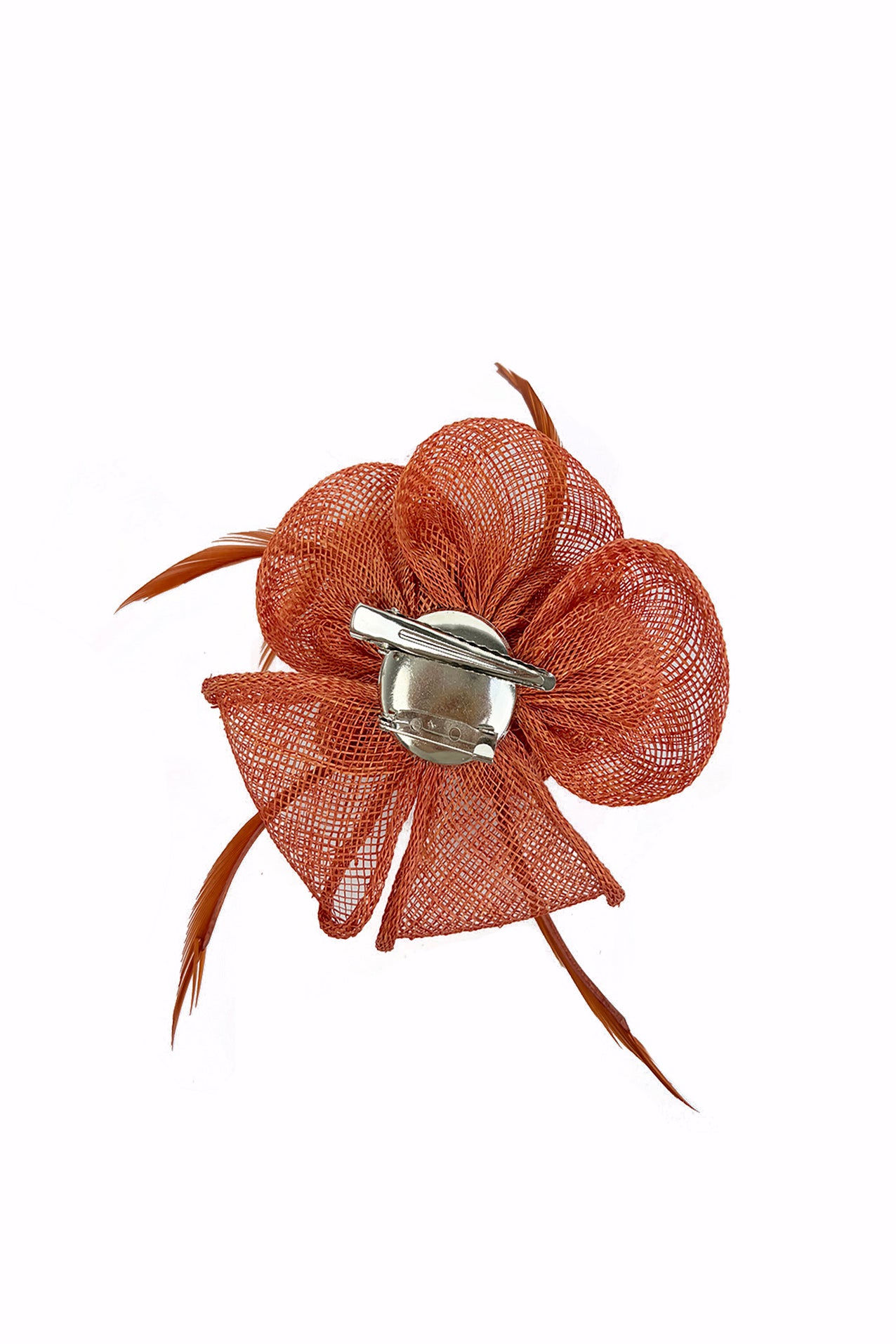FT26092 Small Flower Shaped Sinamay Clip-On Fascinator with Feather Detail