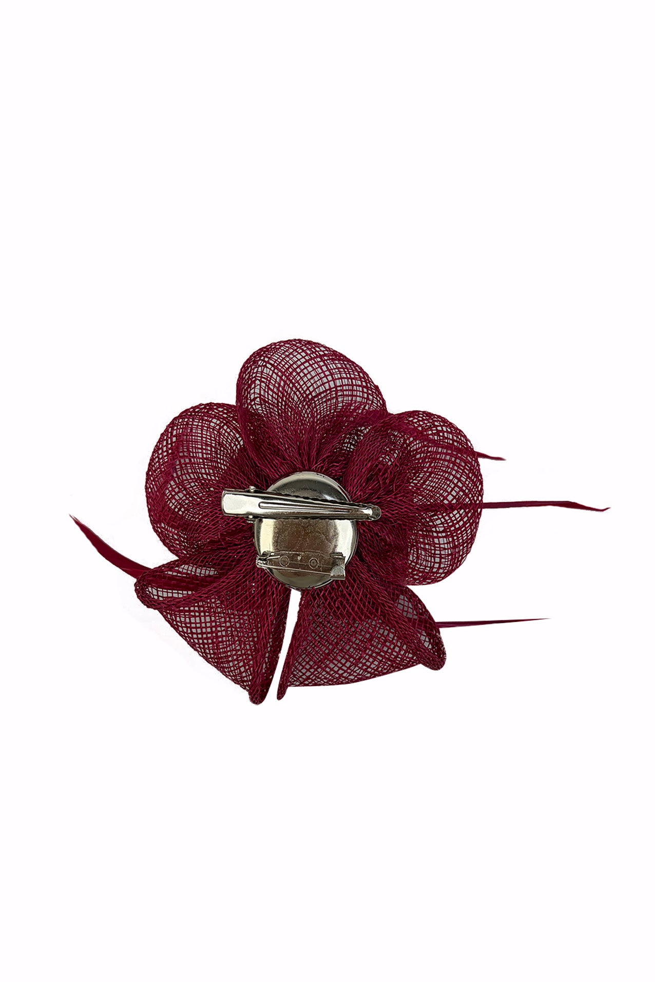 FT26092 Small Flower Shaped Sinamay Clip-On Fascinator with Feather Detail