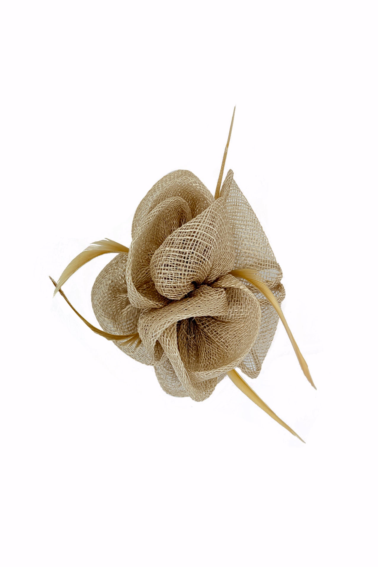FT26092 Small Flower Shaped Sinamay Clip-On Fascinator with Feather Detail
