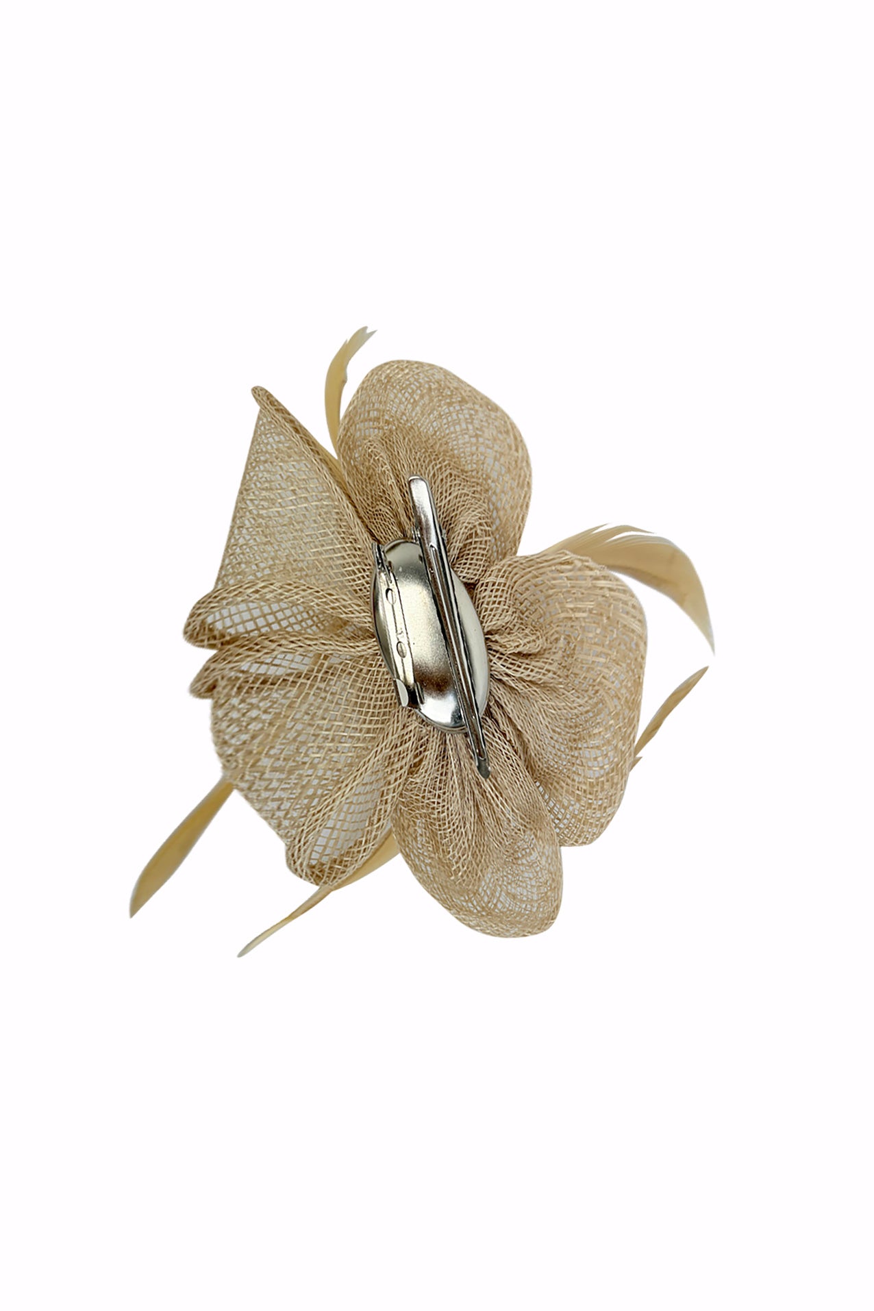 FT26092 Small Flower Shaped Sinamay Clip-On Fascinator with Feather Detail