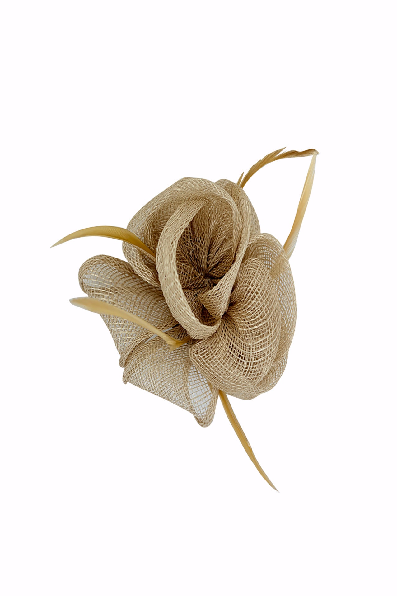 FT26092 Small Flower Shaped Sinamay Clip-On Fascinator with Feather Detail