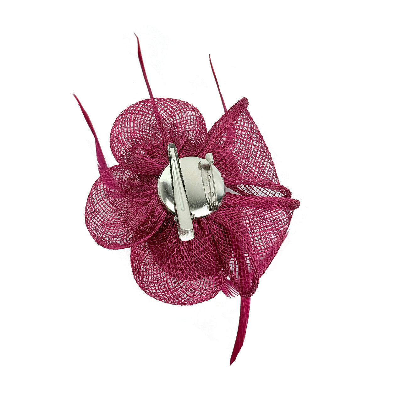 FT26092 Small Flower Shaped Sinamay Clip-On Fascinator with Feather Detail