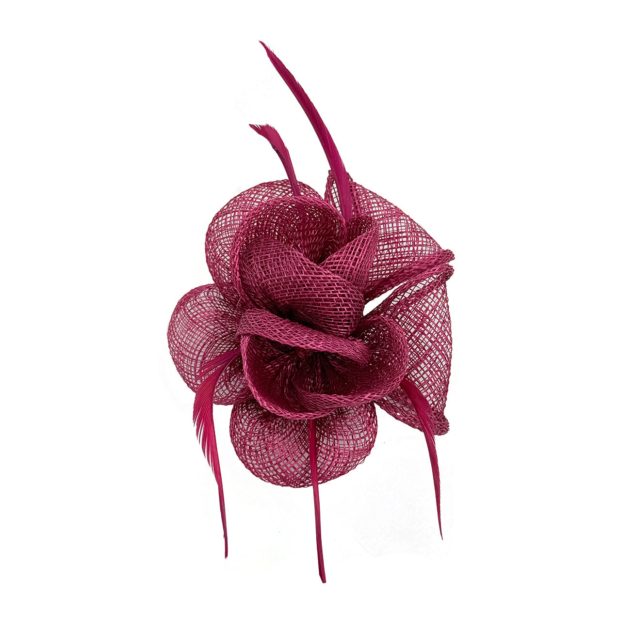 FT26092 Small Flower Shaped Sinamay Clip-On Fascinator with Feather Detail
