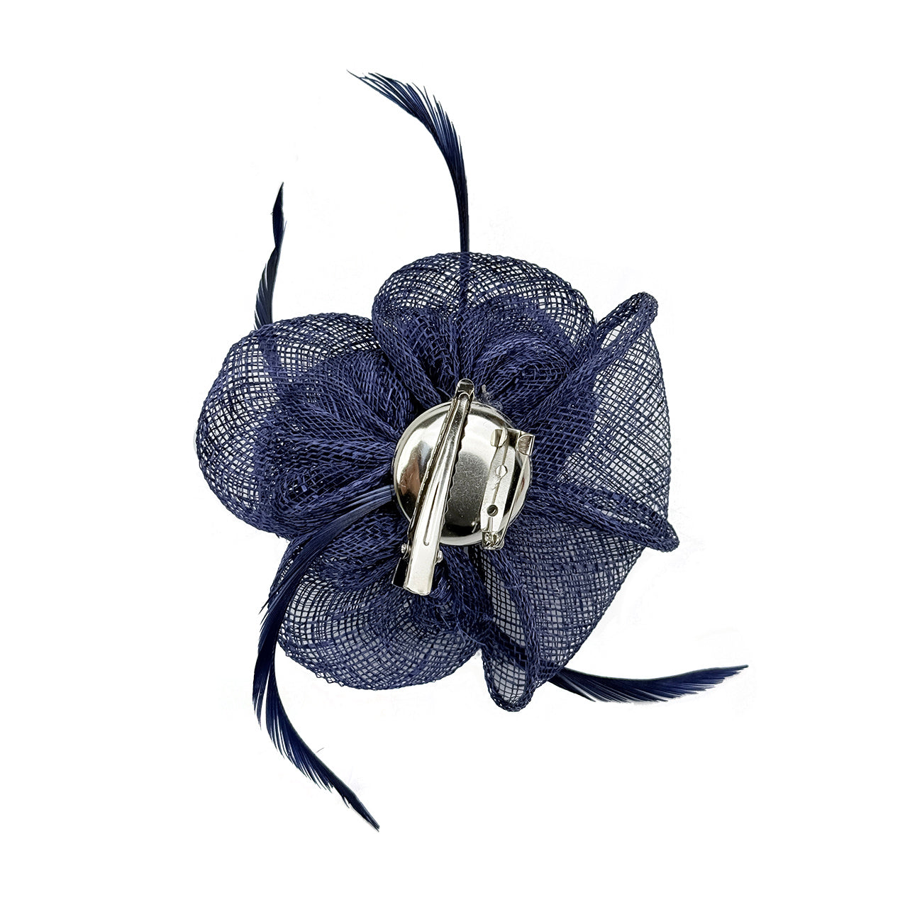 FT26092 Small Flower Shaped Sinamay Clip-On Fascinator with Feather Detail