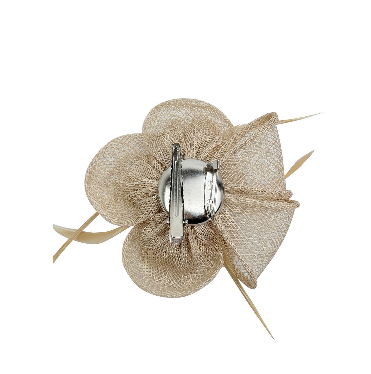 FT26092 Small Flower Shaped Sinamay Clip-On Fascinator with Feather Detail
