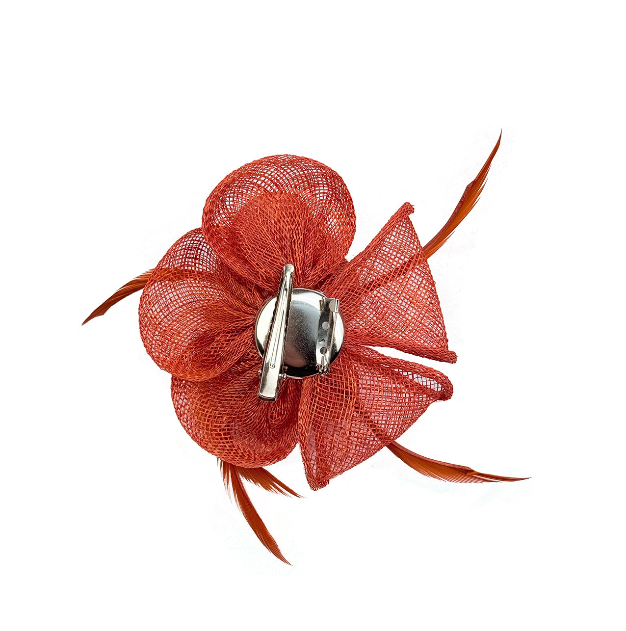 FT26092 Small Flower Shaped Sinamay Clip-On Fascinator with Feather Detail