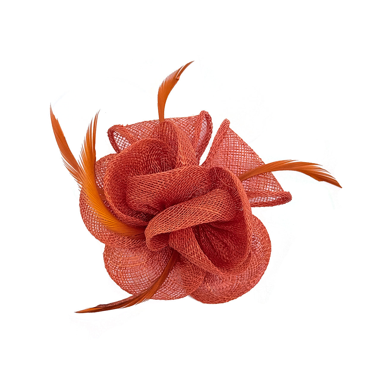 FT26092 Small Flower Shaped Sinamay Clip-On Fascinator with Feather Detail