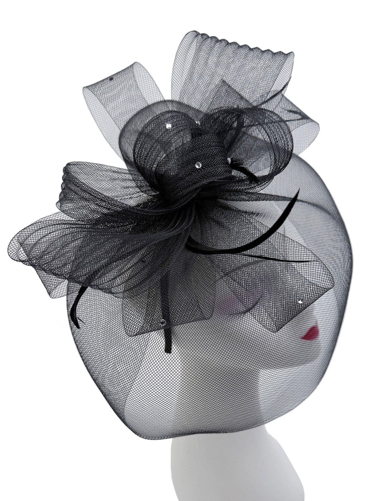 FT2610 Large Mesh Net Fascinator with Feathers and Diamante Detail
