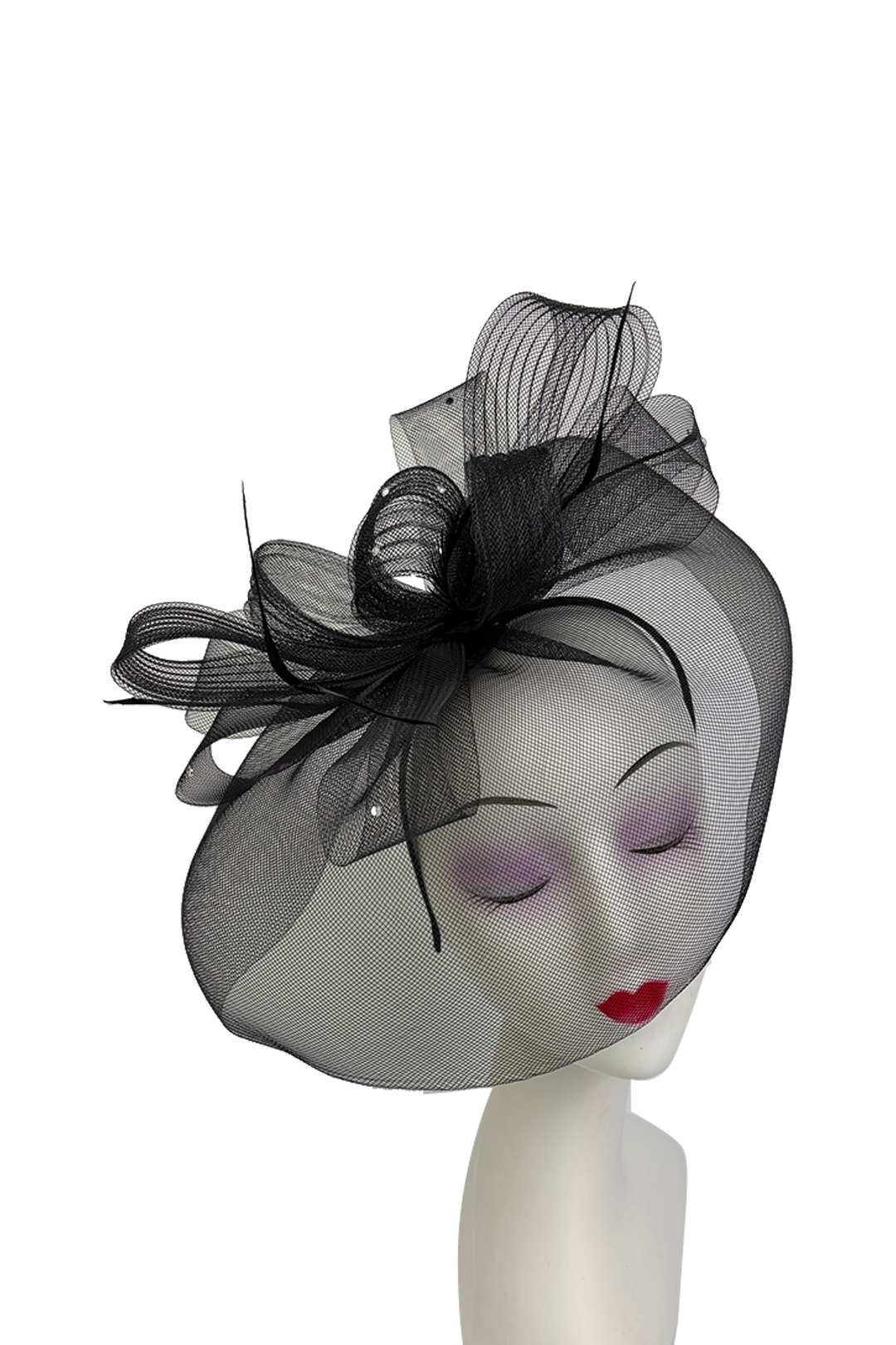 FT2610 Large Mesh Net Fascinator with Feathers and Diamante Detail