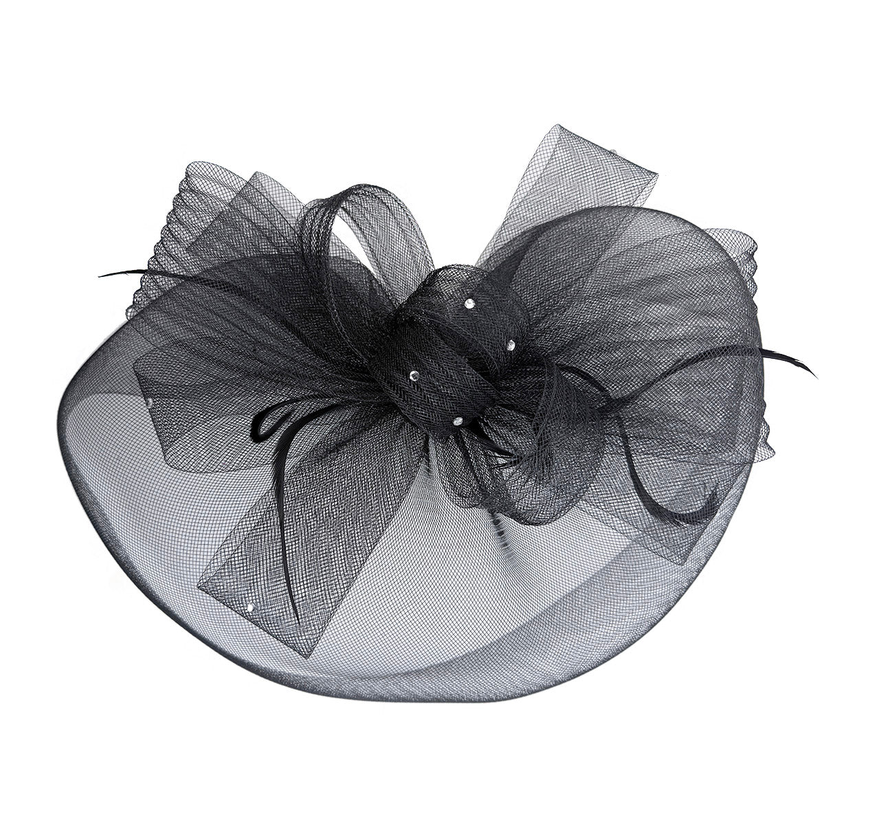 FT2610 Large Mesh Net Fascinator with Feathers and Diamante Detail