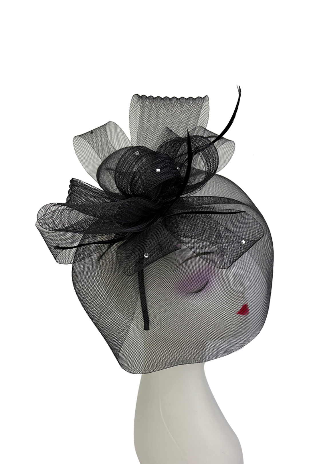 FT2610 Large Mesh Net Fascinator with Feathers and Diamante Detail