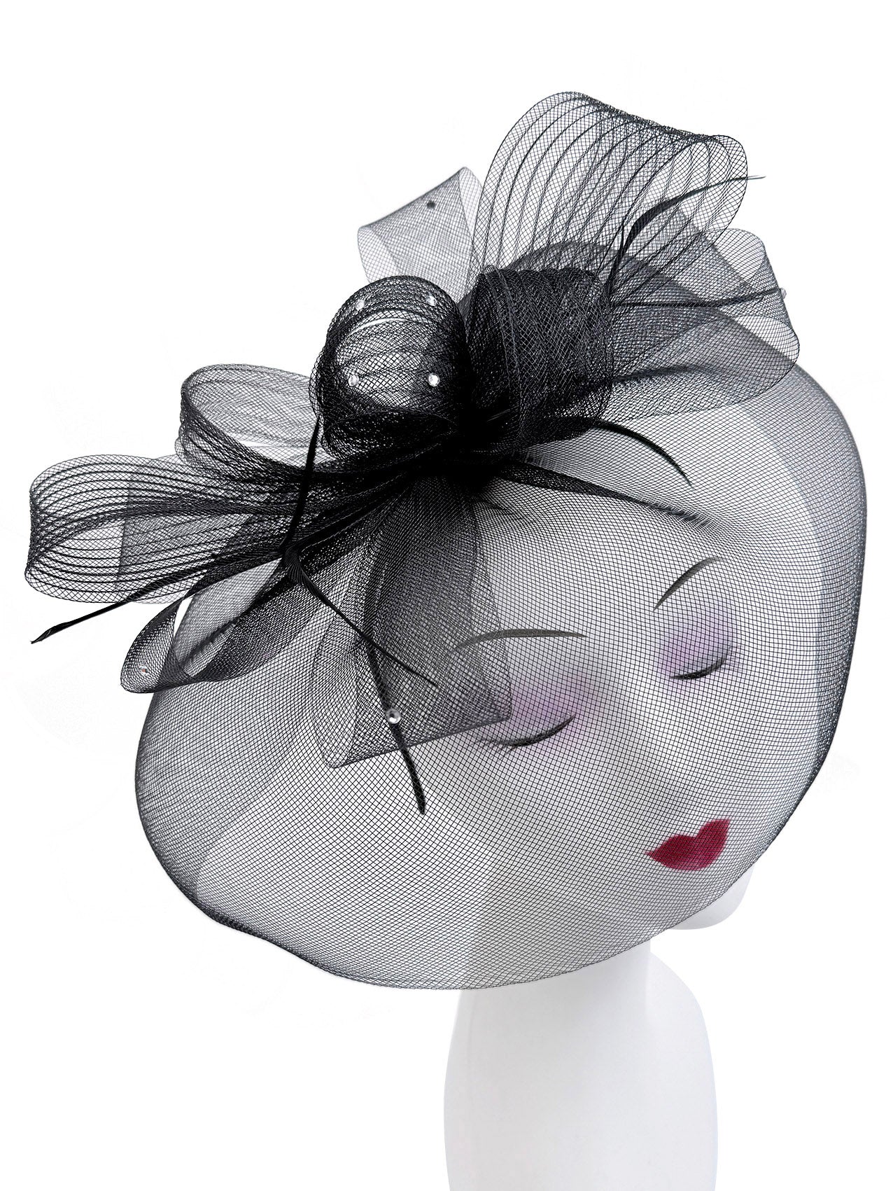 FT2610 Large Mesh Net Fascinator with Feathers and Diamante Detail