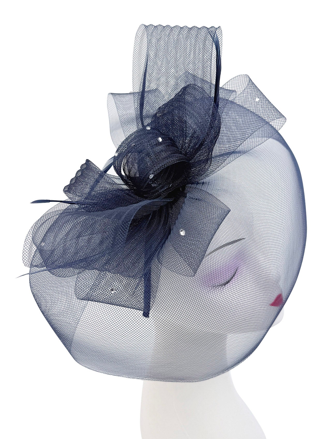 FT2610 Large Mesh Net Fascinator with Feathers and Diamante Detail