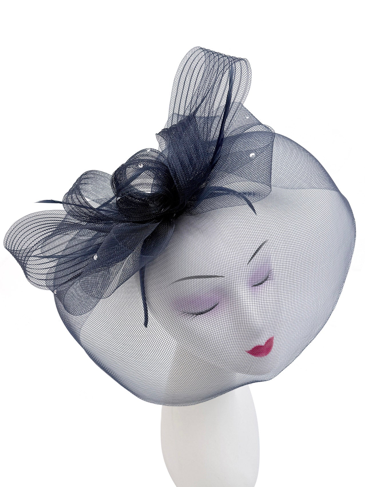 FT2610 Large Mesh Net Fascinator with Feathers and Diamante Detail