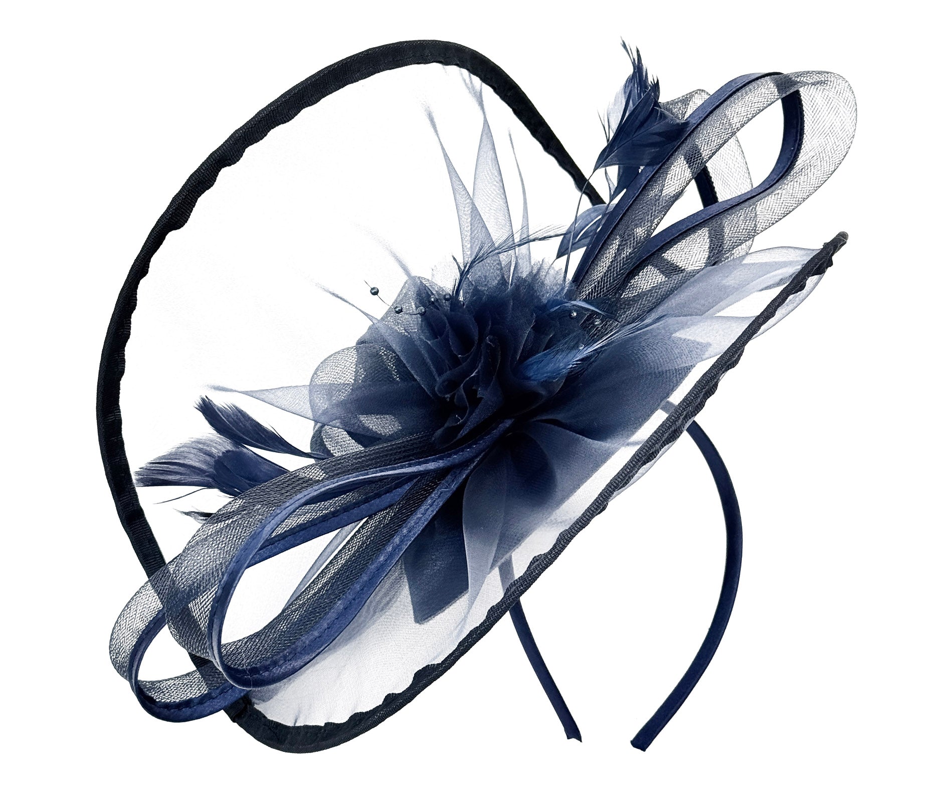 FT4012 Arc Shaped Fascinator with Feathers and Floral Burst
