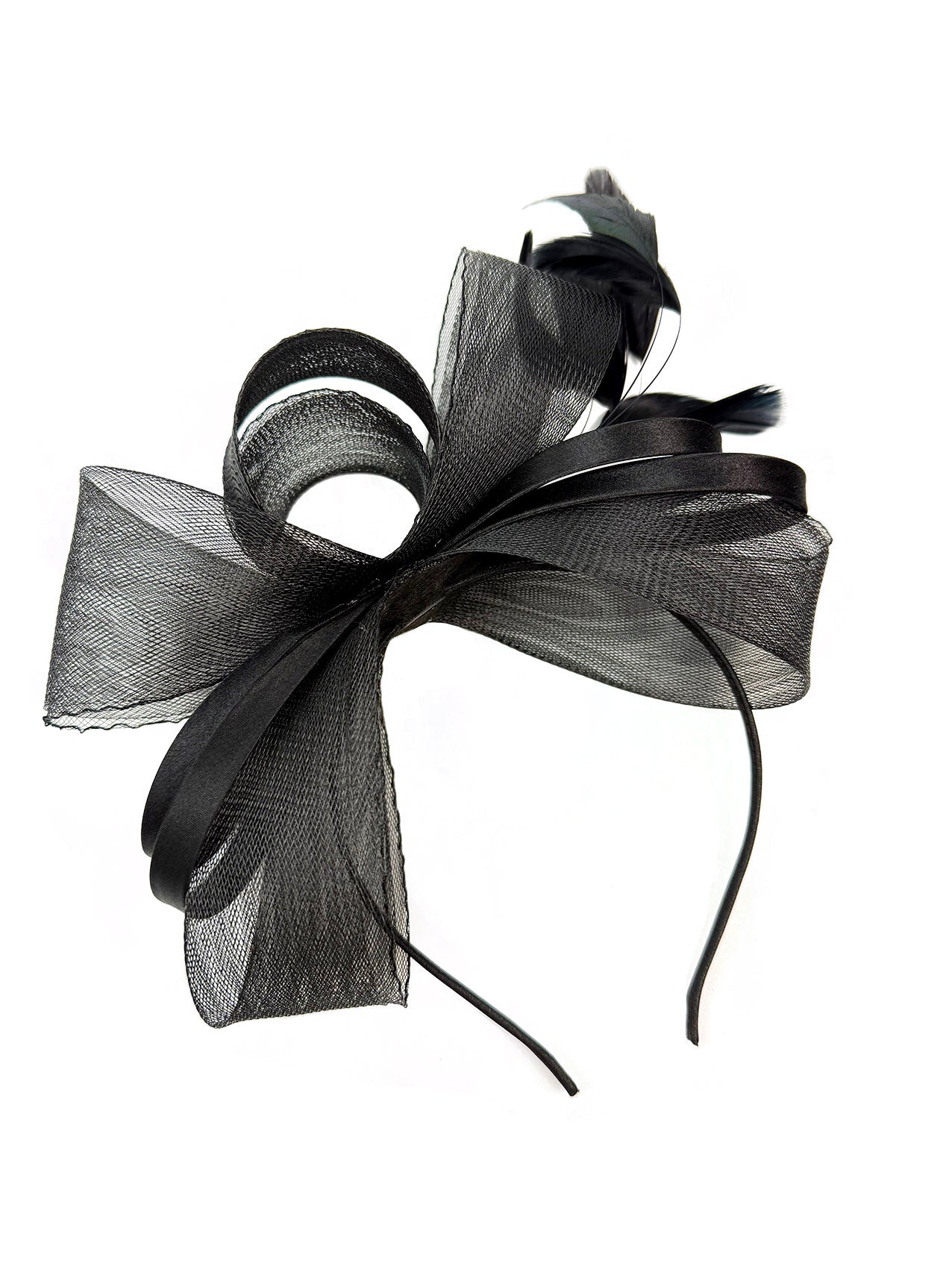 FT4078 Bow Shaped Fascinator with Satin Loops and Feathers