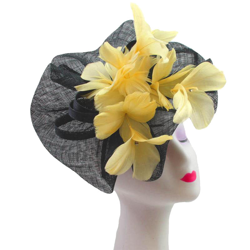 FT9027-002 Large Crin Fascinator with Contrast Real Feather Flowers and Sinamay Curls