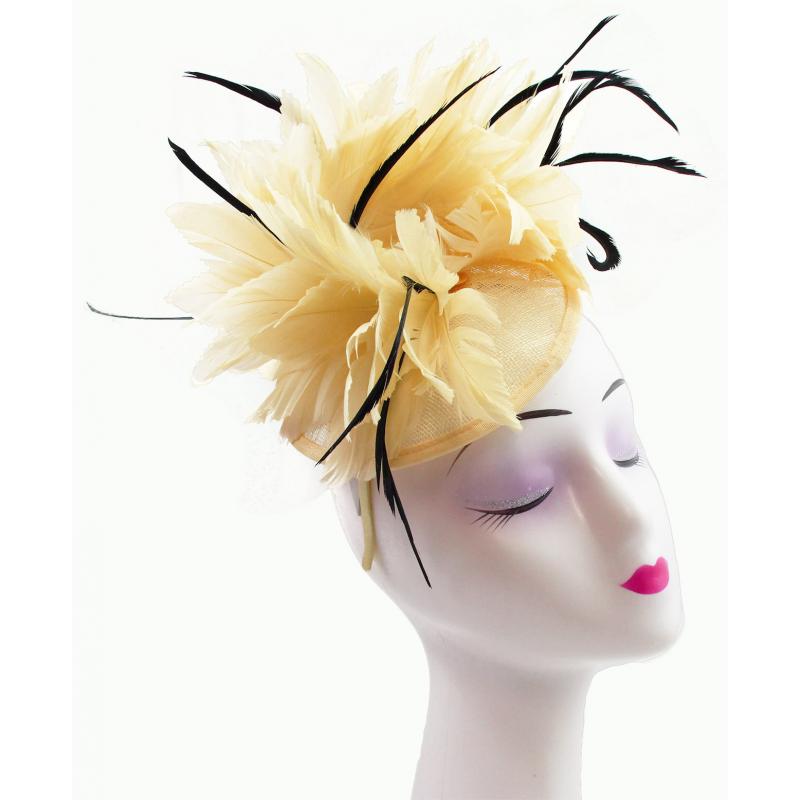 FT9268-003 Bendable Real Feather Flower Fascinator with a Sinamay Disc